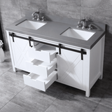 Marsyas 60" White Double Vanity, Grey Quartz Top, White Square Sinks and no Mirror