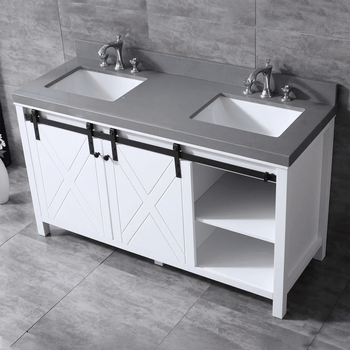 Marsyas 60" White Double Vanity, Grey Quartz Top, White Square Sinks and no Mirror