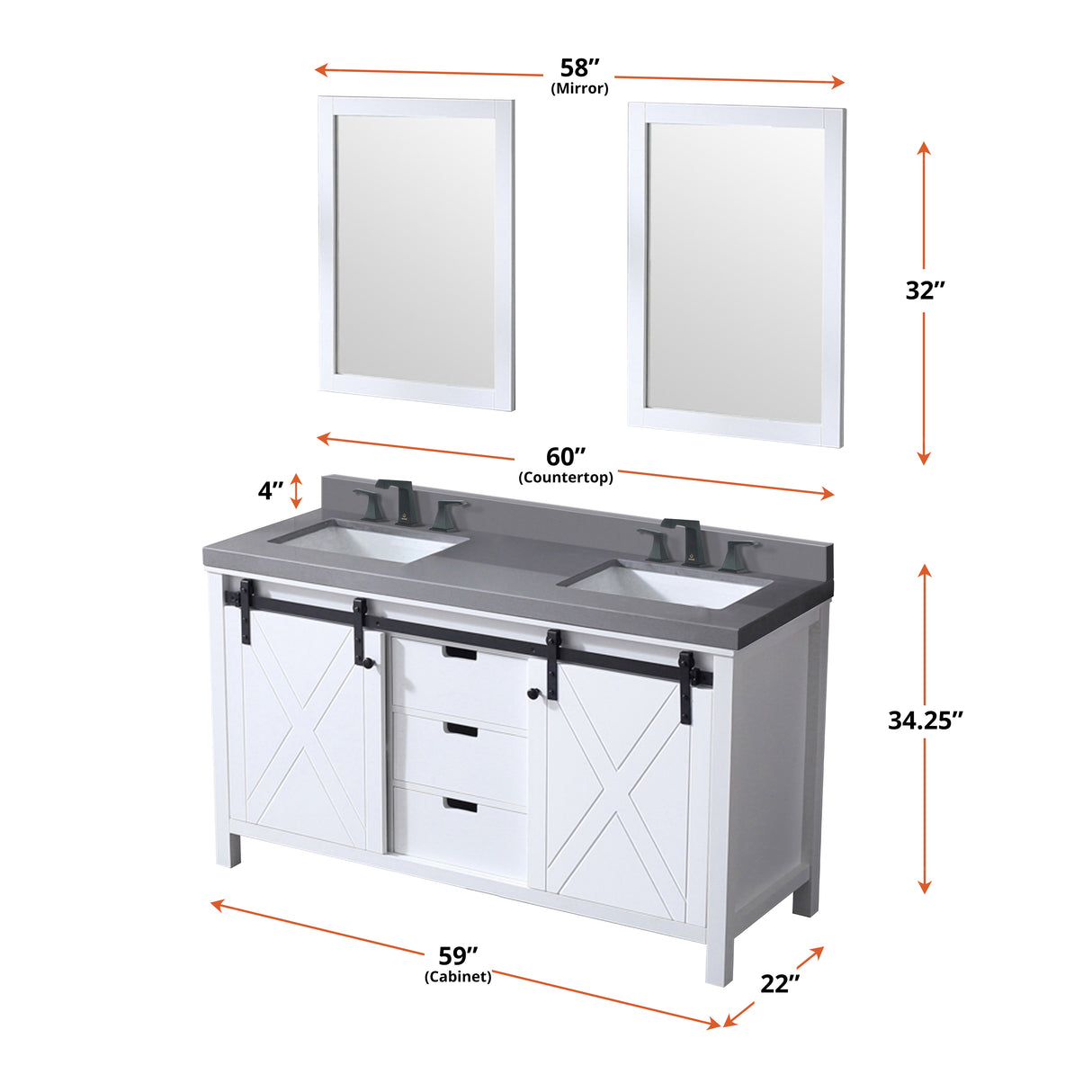 Marsyas 60 in. Freestanding Bathroom Vanity with White Quartz top, White Square Sink