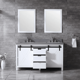 Marsyas 60" White Double Vanity, Grey Quartz Top, White Square Sinks and 24" Mirrors w/ Faucets