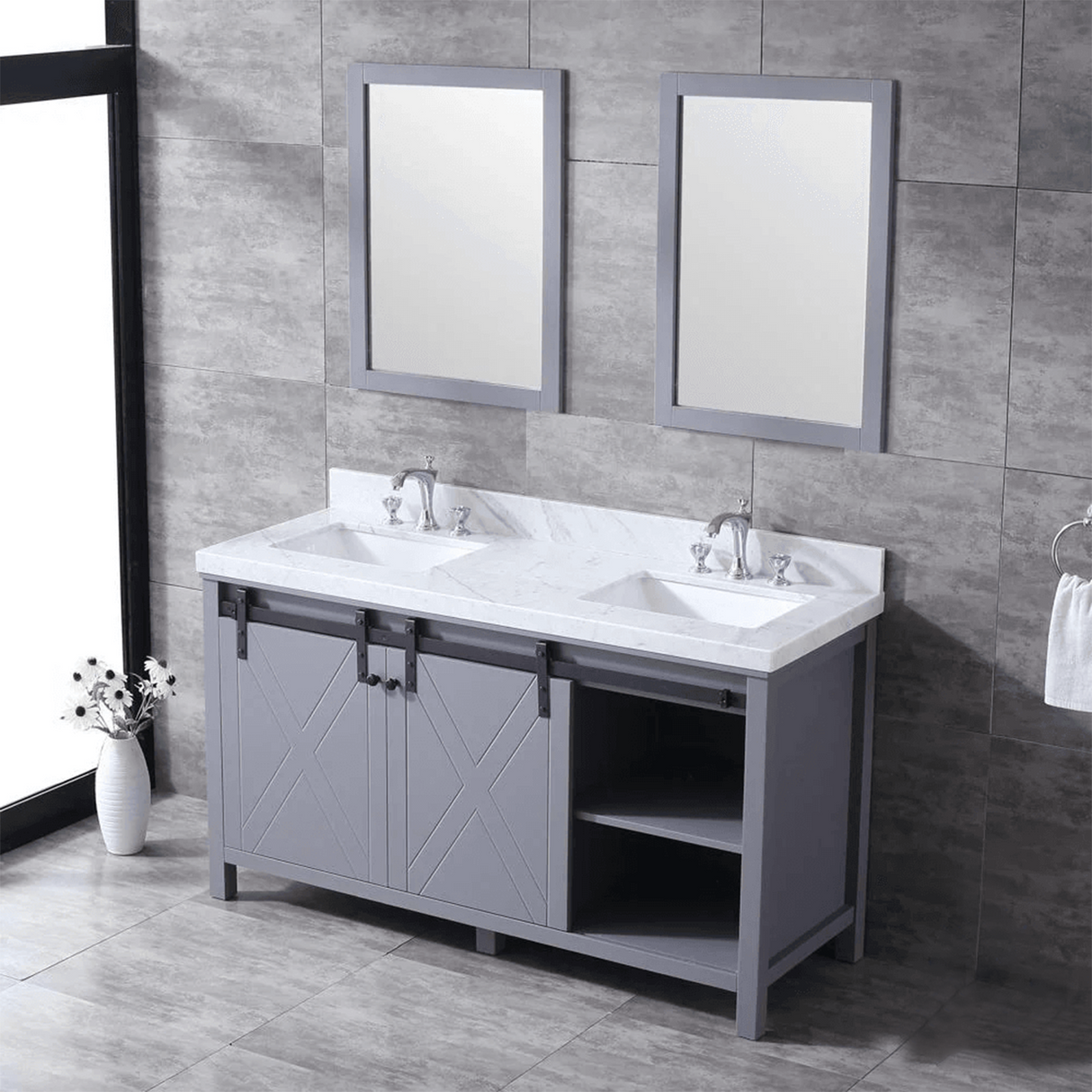 Marsyas Freestanding Dark Grey Freestanding Bathroom Vanity With Undermount Ceramic Sink, White Carrara Marble Top
