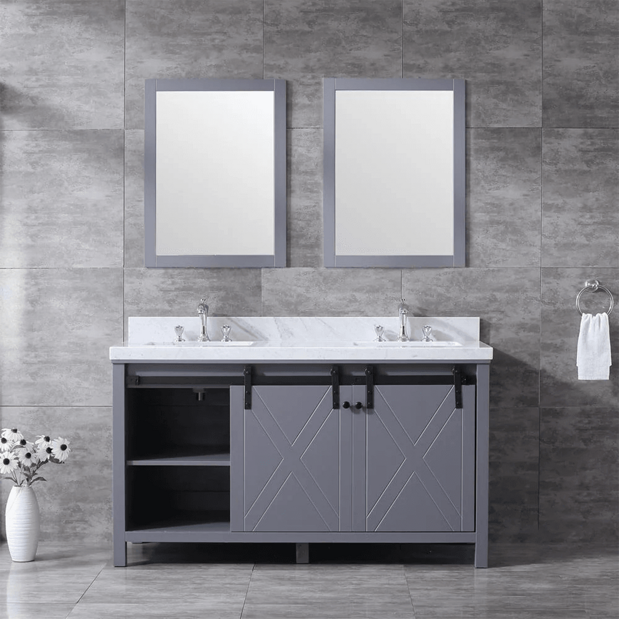 Marsyas Freestanding Dark Grey Freestanding Bathroom Vanity With Undermount Ceramic Sink, White Carrara Marble Top
