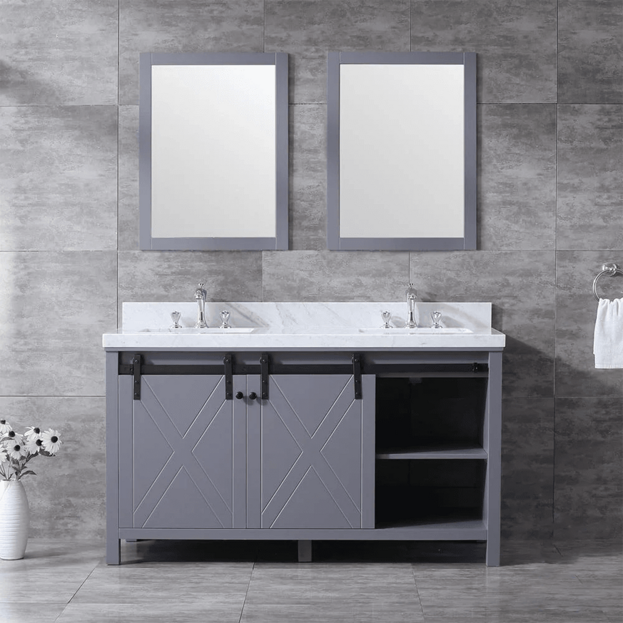 Marsyas Freestanding Dark Grey Freestanding Bathroom Vanity With Undermount Ceramic Sink, White Carrara Marble Top