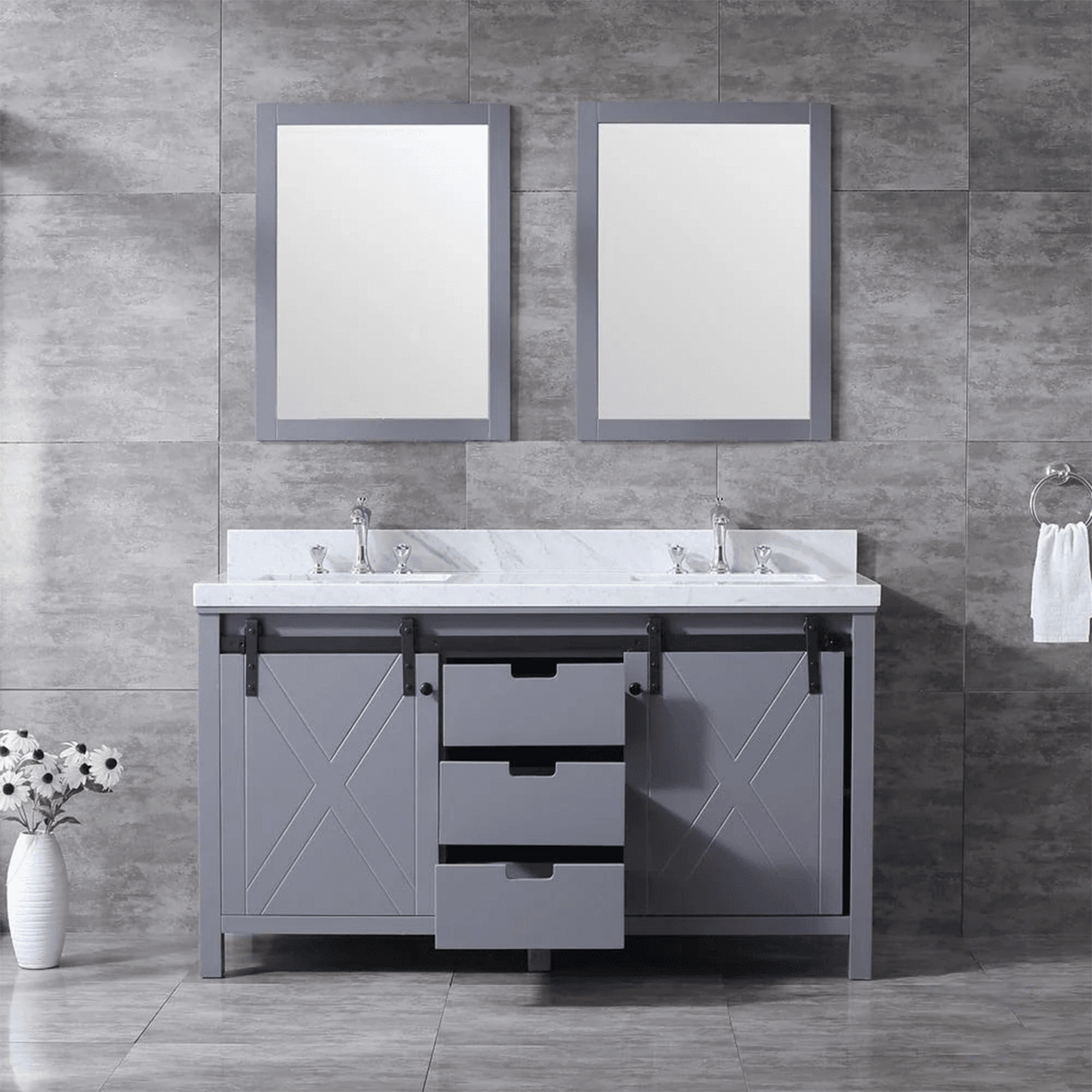 Marsyas Freestanding Dark Grey Freestanding Bathroom Vanity With Undermount Ceramic Sink, White Carrara Marble Top