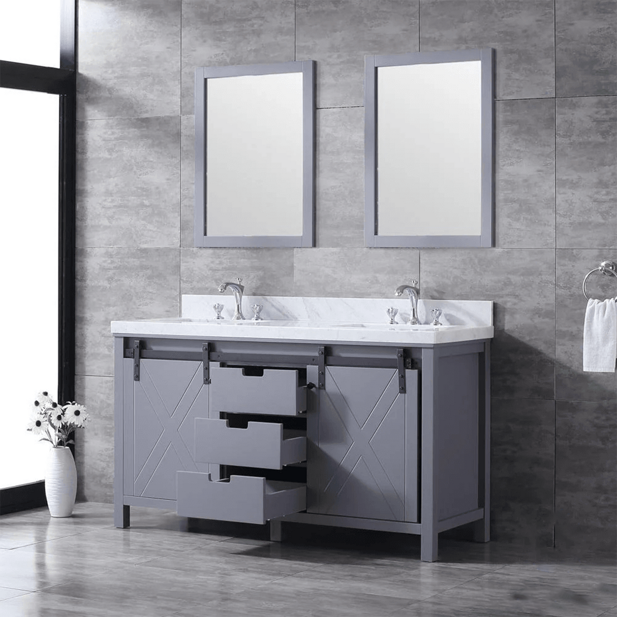 Marsyas 60 In. Freestanding Dark Grey Bathroom Vanity With Double Undermount Ceramic Sink, White Carrara Marble Top