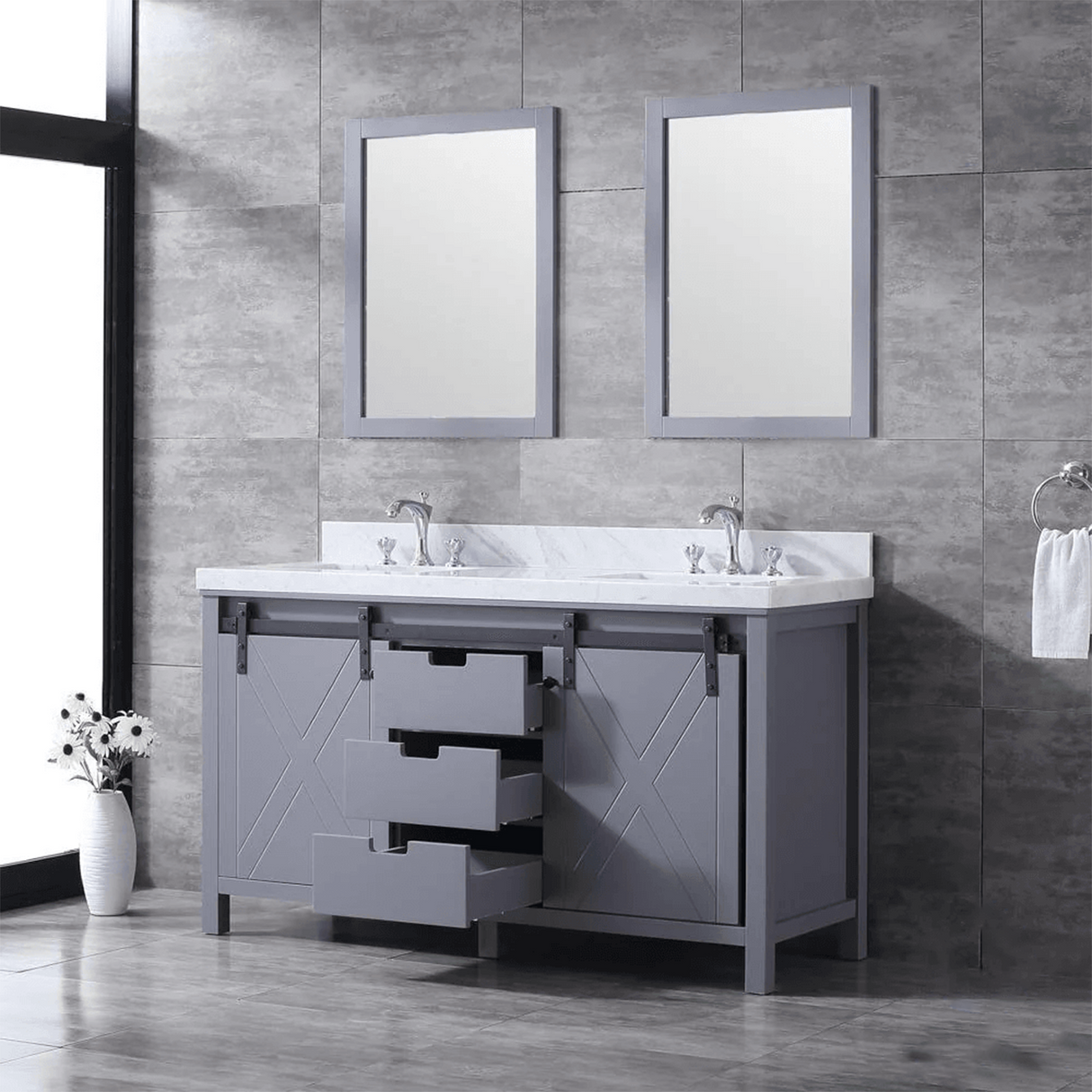 Marsyas Freestanding Dark Grey Freestanding Bathroom Vanity With Undermount Ceramic Sink, White Carrara Marble Top