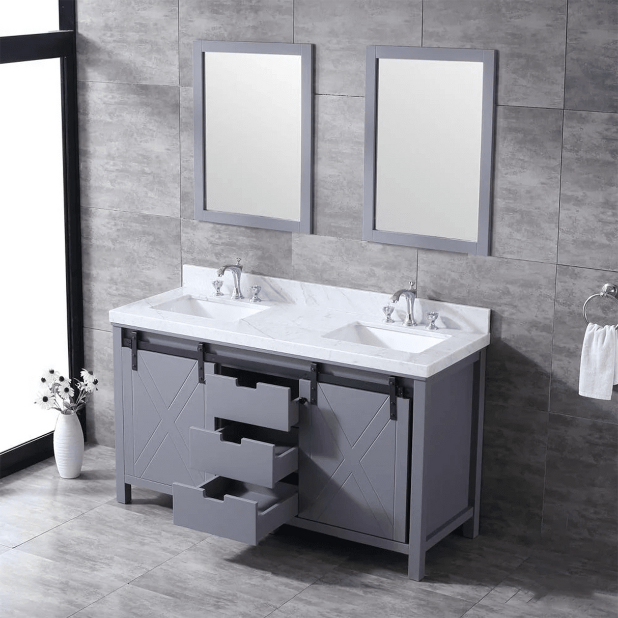 Marsyas Freestanding Dark Grey Freestanding Bathroom Vanity With Undermount Ceramic Sink, White Carrara Marble Top