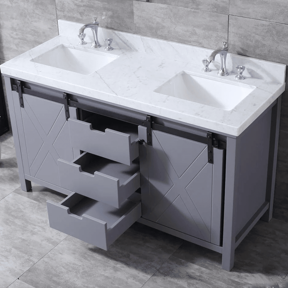 Marsyas Freestanding Dark Grey Freestanding Bathroom Vanity With Undermount Ceramic Sink, White Carrara Marble Top