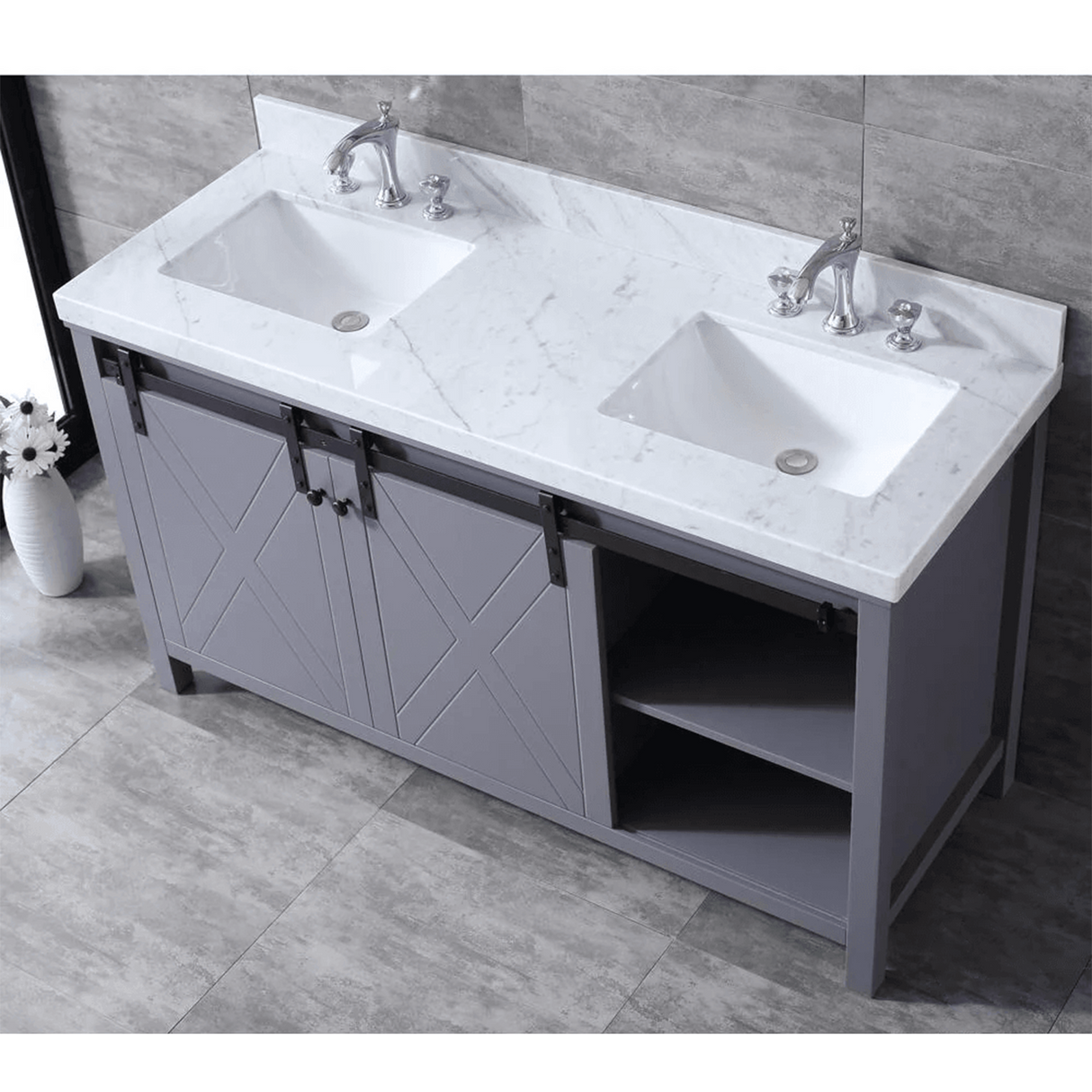 Marsyas Freestanding Dark Grey Freestanding Bathroom Vanity With Undermount Ceramic Sink, White Carrara Marble Top
