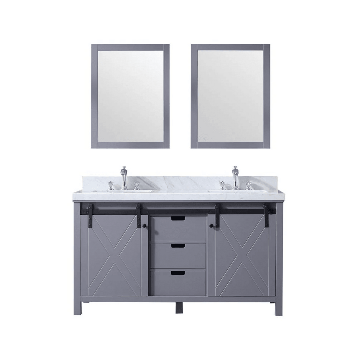 Marsyas 60 In. Freestanding Dark Grey Bathroom Vanity With Double Undermount Ceramic Sink, White Carrara Marble Top, & 24 In. Mirrors