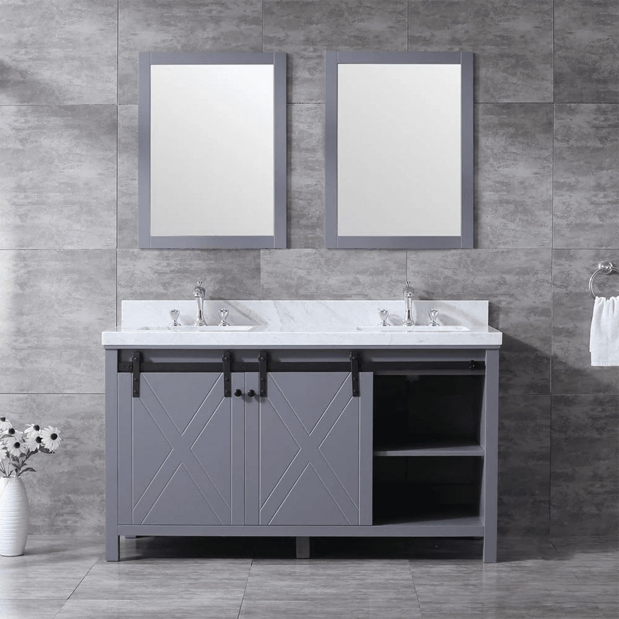 Marsyas 60 In. Freestanding Dark Grey Bathroom Vanity With Double Undermount Ceramic Sink, White Carrara Marble Top, & 24 In. Mirrors