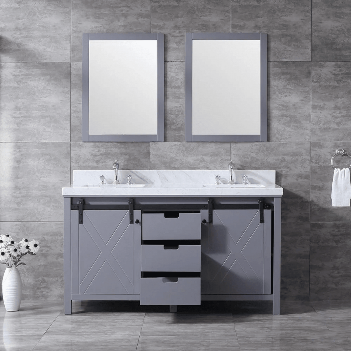 Marsyas 60 In. Freestanding Dark Grey Bathroom Vanity With Double Undermount Ceramic Sink, White Carrara Marble Top, & 24 In. Mirrors