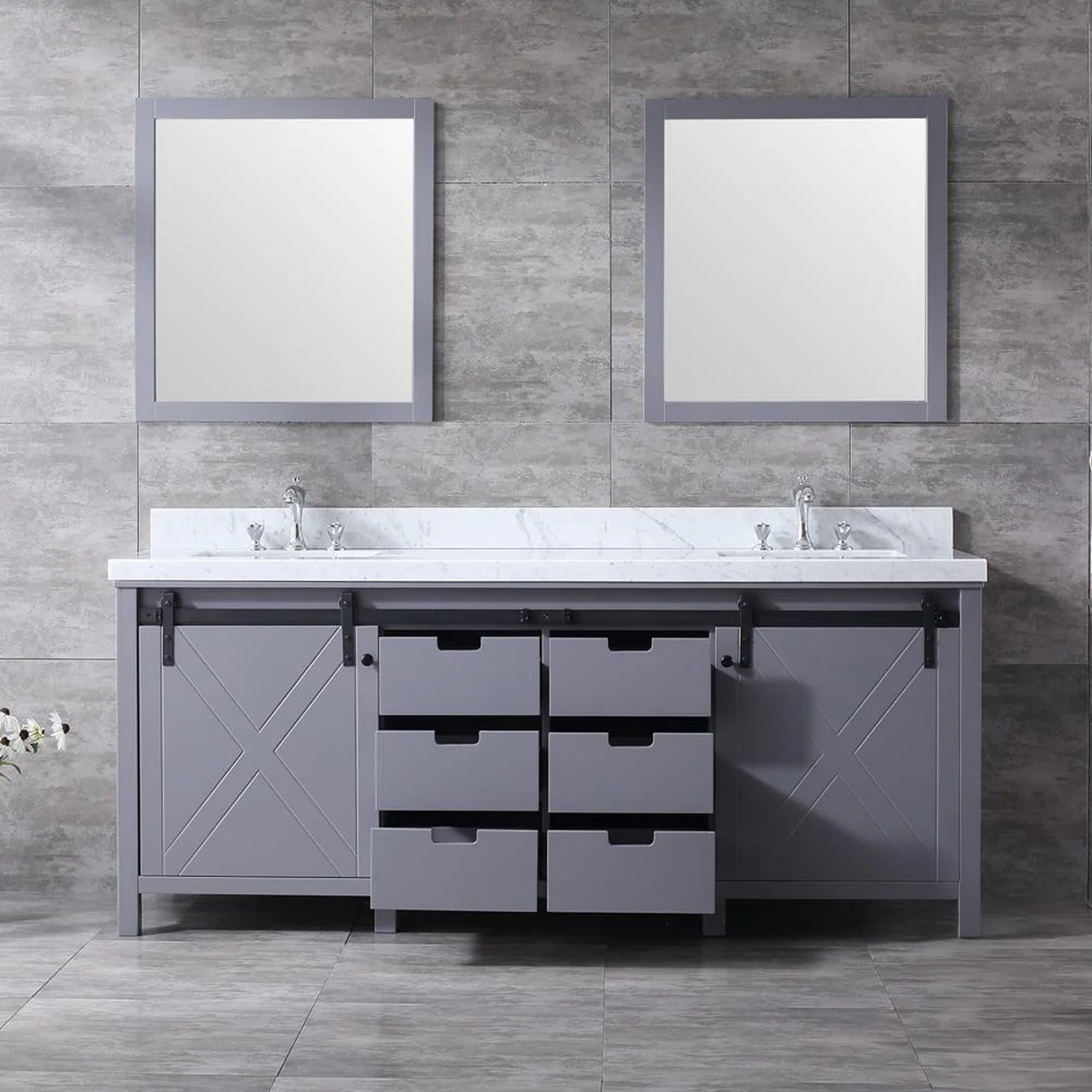 Marsyas 80 In. Freestanding Dark Grey Bathroom Vanity With Double Undermount Ceramic Sink, White Carrara Marble Top