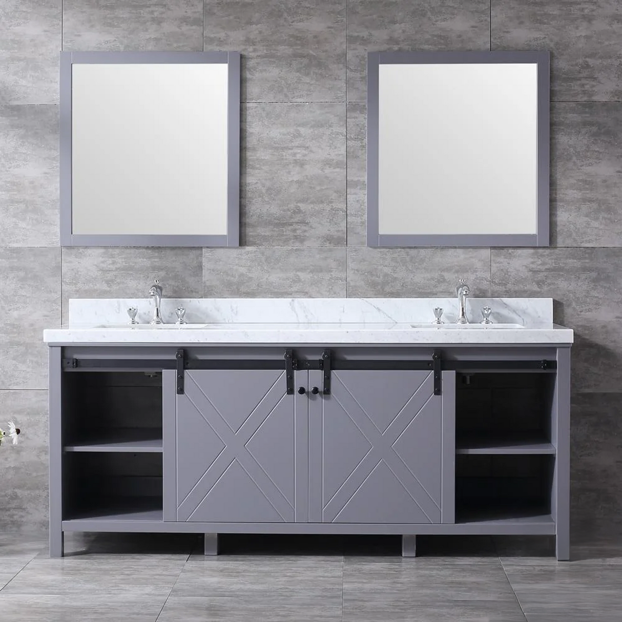 Marsyas 80 In. Freestanding Dark Grey Bathroom Vanity With Double Undermount Ceramic Sink, White Carrara Marble Top