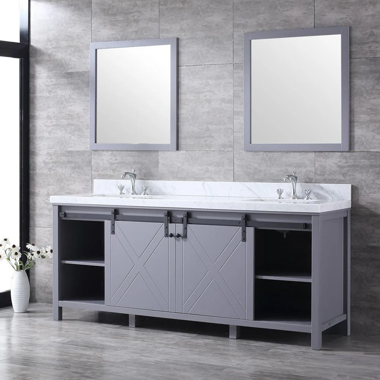 Marsyas 80 In. Freestanding Dark Grey Bathroom Vanity With Double Undermount Ceramic Sink, White Carrara Marble Top