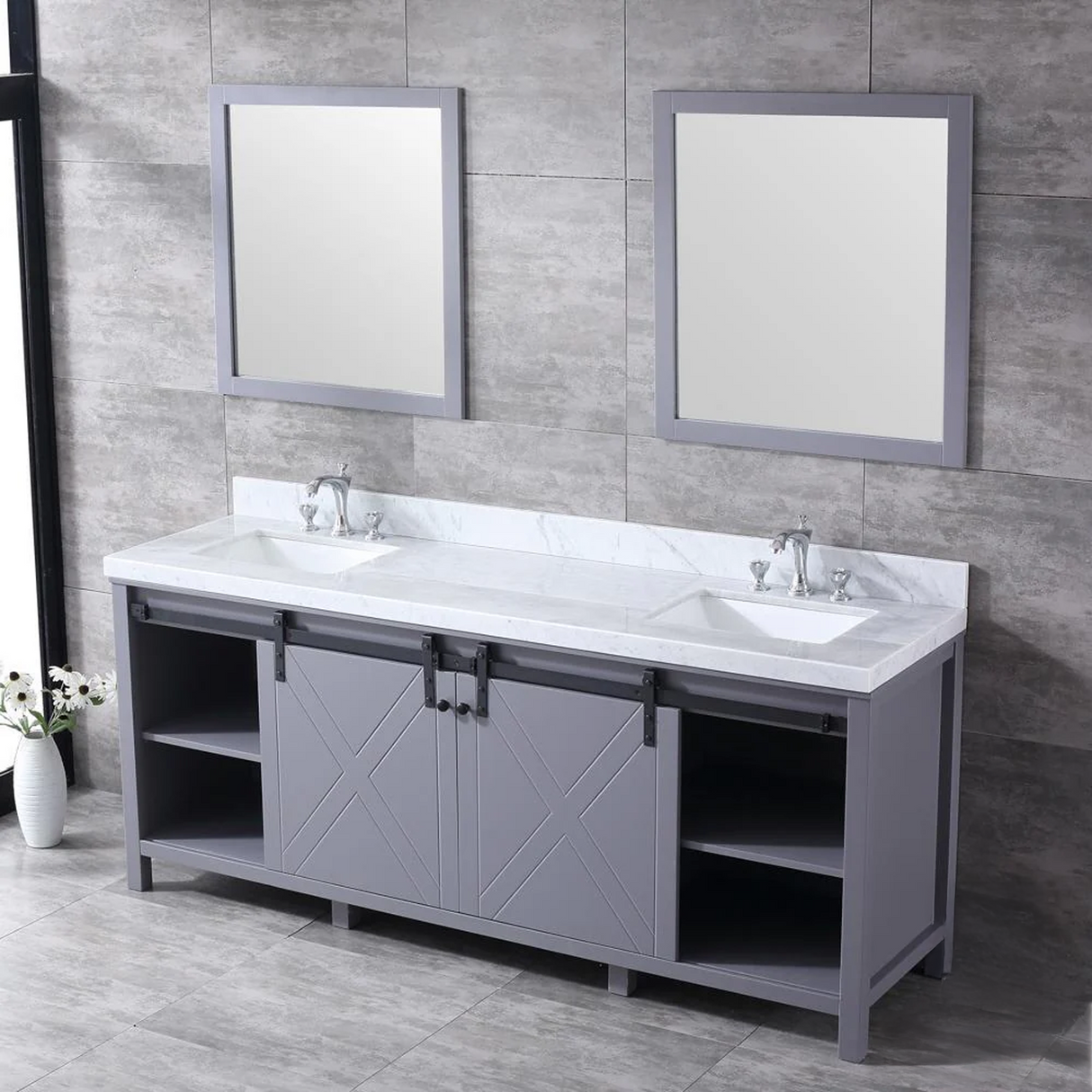 Marsyas 80 In. Freestanding Dark Grey Bathroom Vanity With Double Undermount Ceramic Sink, White Carrara Marble Top