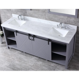 Marsyas 80 In. Freestanding Dark Grey Bathroom Vanity With Double Undermount Ceramic Sink, White Carrara Marble Top