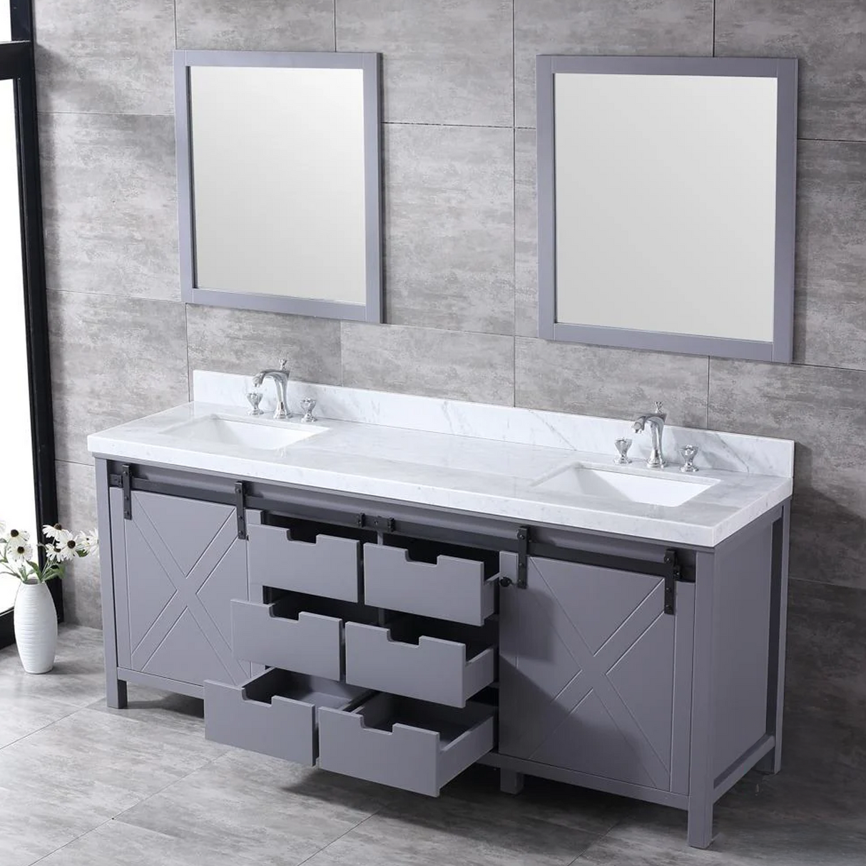 Marsyas 80 In. Freestanding Dark Grey Bathroom Vanity With Double Undermount Ceramic Sink, White Carrara Marble Top