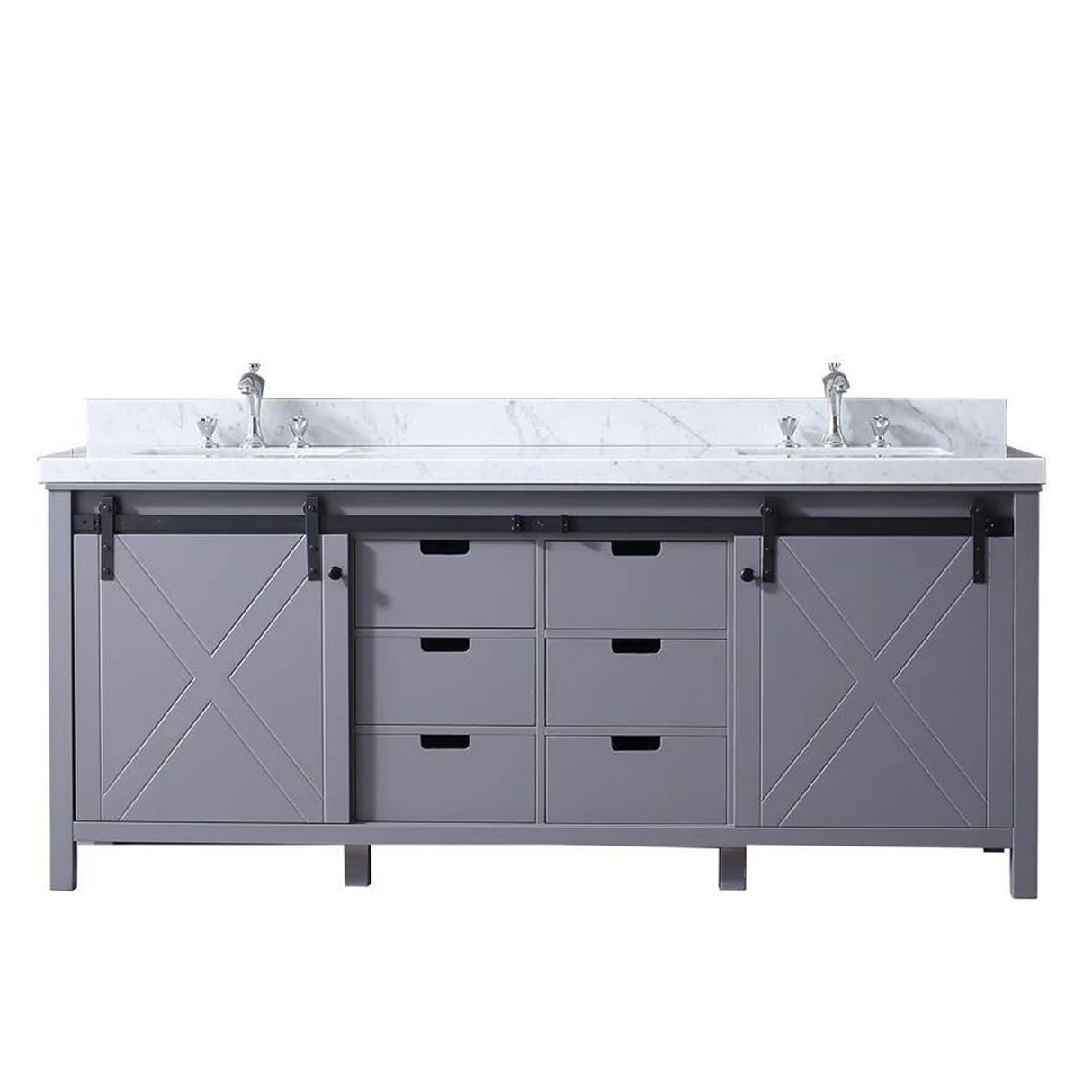 Marsyas 80 In. Freestanding Dark Grey Bathroom Vanity With Double Undermount Ceramic Sink, White Carrara Marble Top