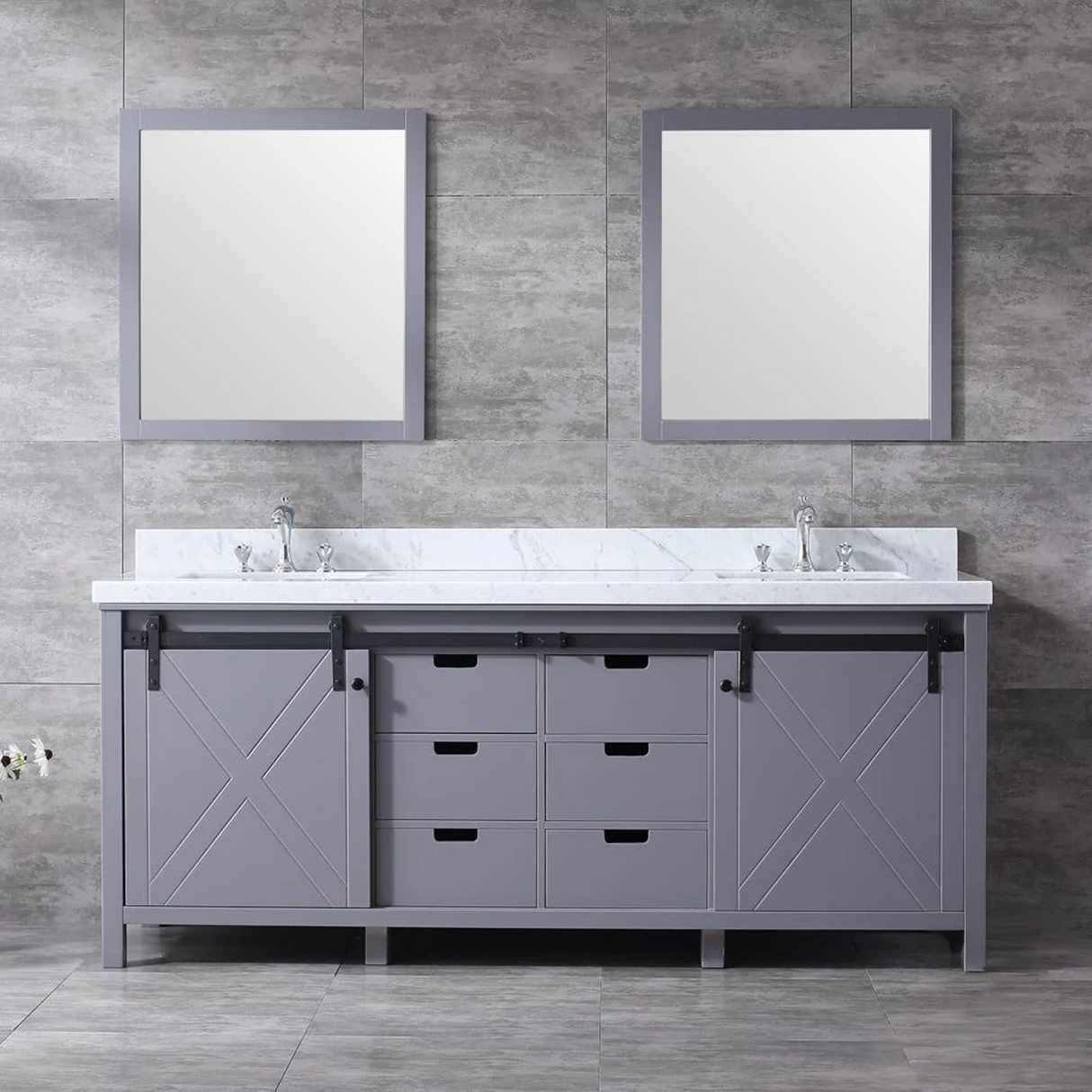 Marsyas 80 In. Freestanding Dark Grey Bathroom Vanity With Double Undermount Ceramic Sink, White Carrara Marble Top