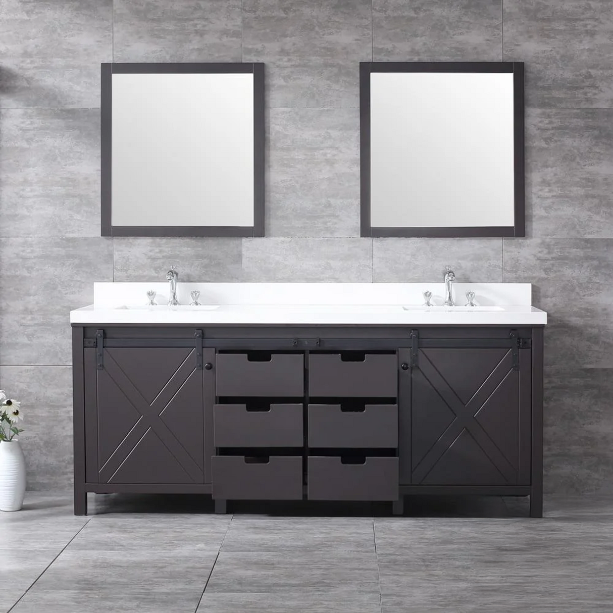 Marsyas 80" Brown Double Vanity, White Quartz Top, White Square Sinks and no Mirror