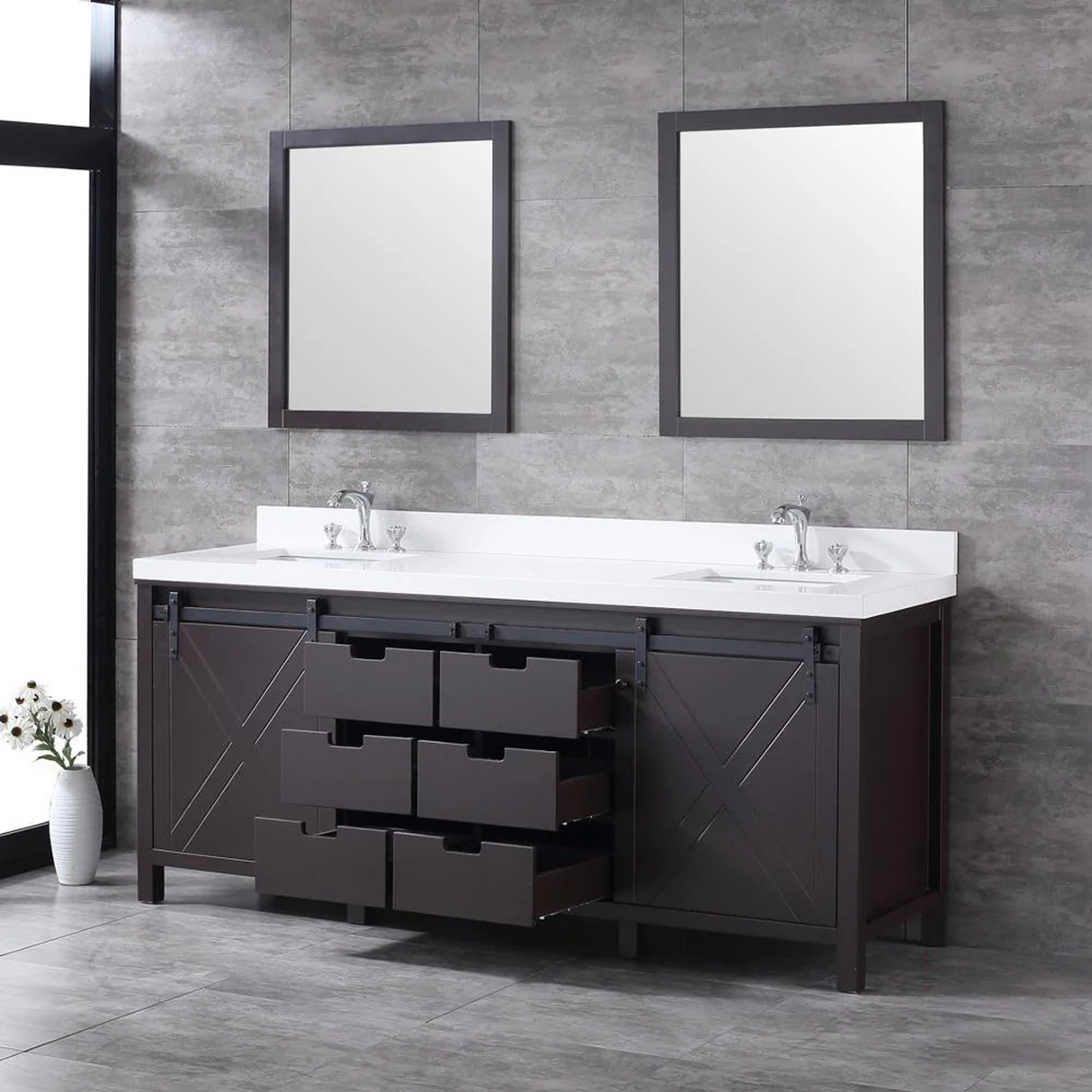 Marsyas 80" Brown Double Vanity, White Quartz Top, White Square Sinks and no Mirror