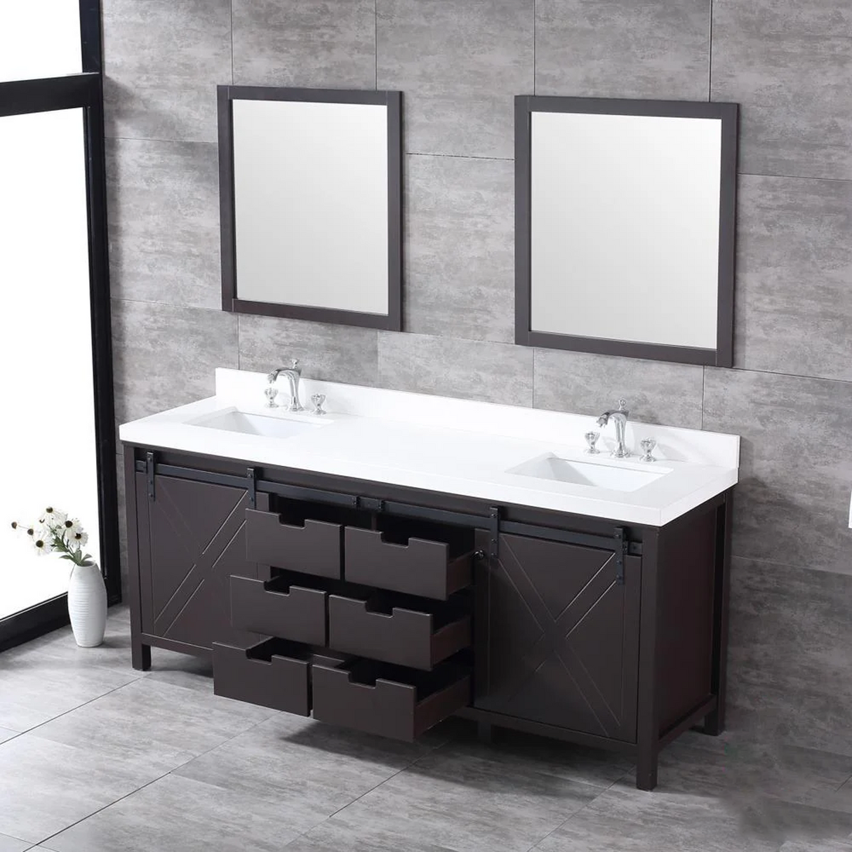 Marsyas 80" Brown Double Vanity, White Quartz Top, White Square Sinks and no Mirror