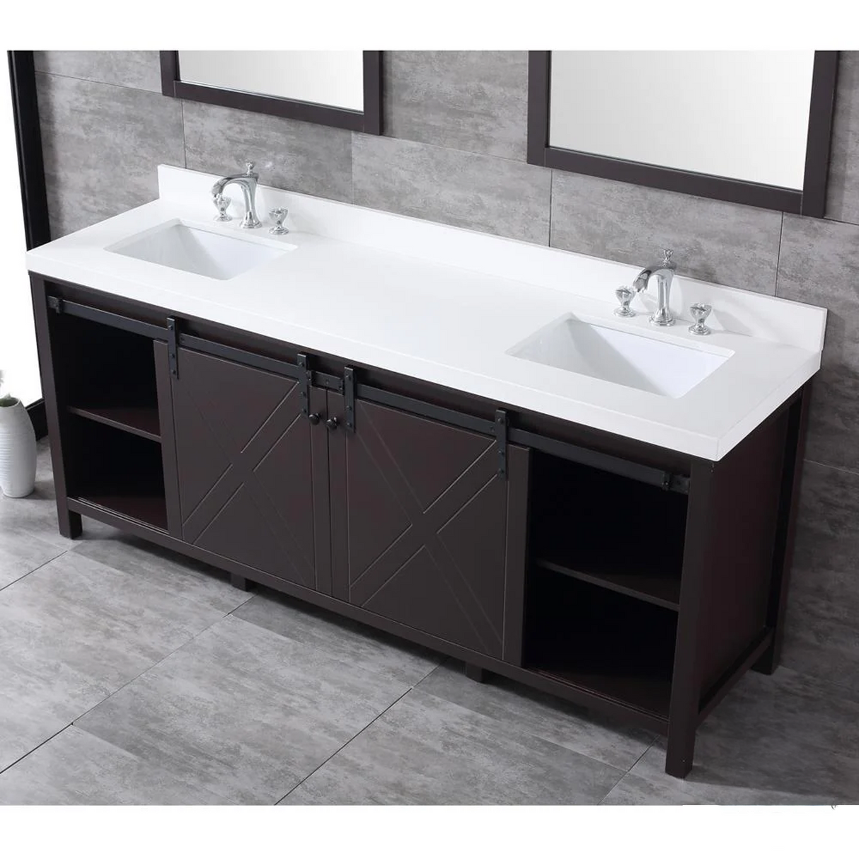 Marsyas 80" Brown Double Vanity, White Quartz Top, White Square Sinks and no Mirror