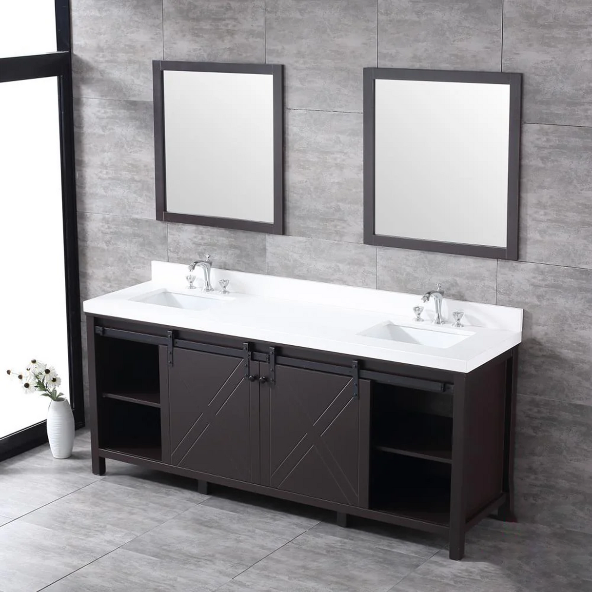 Marsyas 80" Brown Double Vanity, White Quartz Top, White Square Sinks and no Mirror