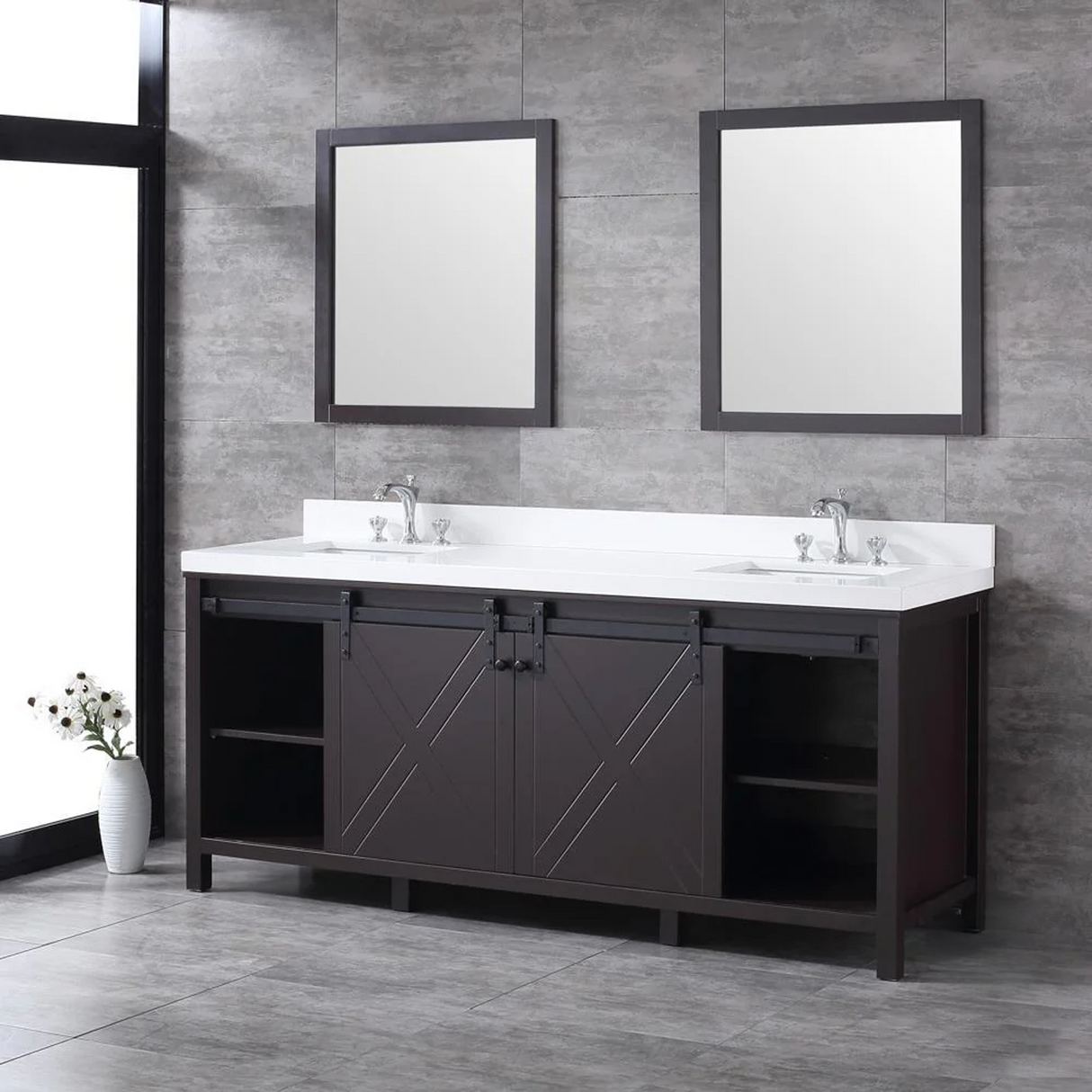 Marsyas 80" Brown Double Vanity, White Quartz Top, White Square Sinks and no Mirror