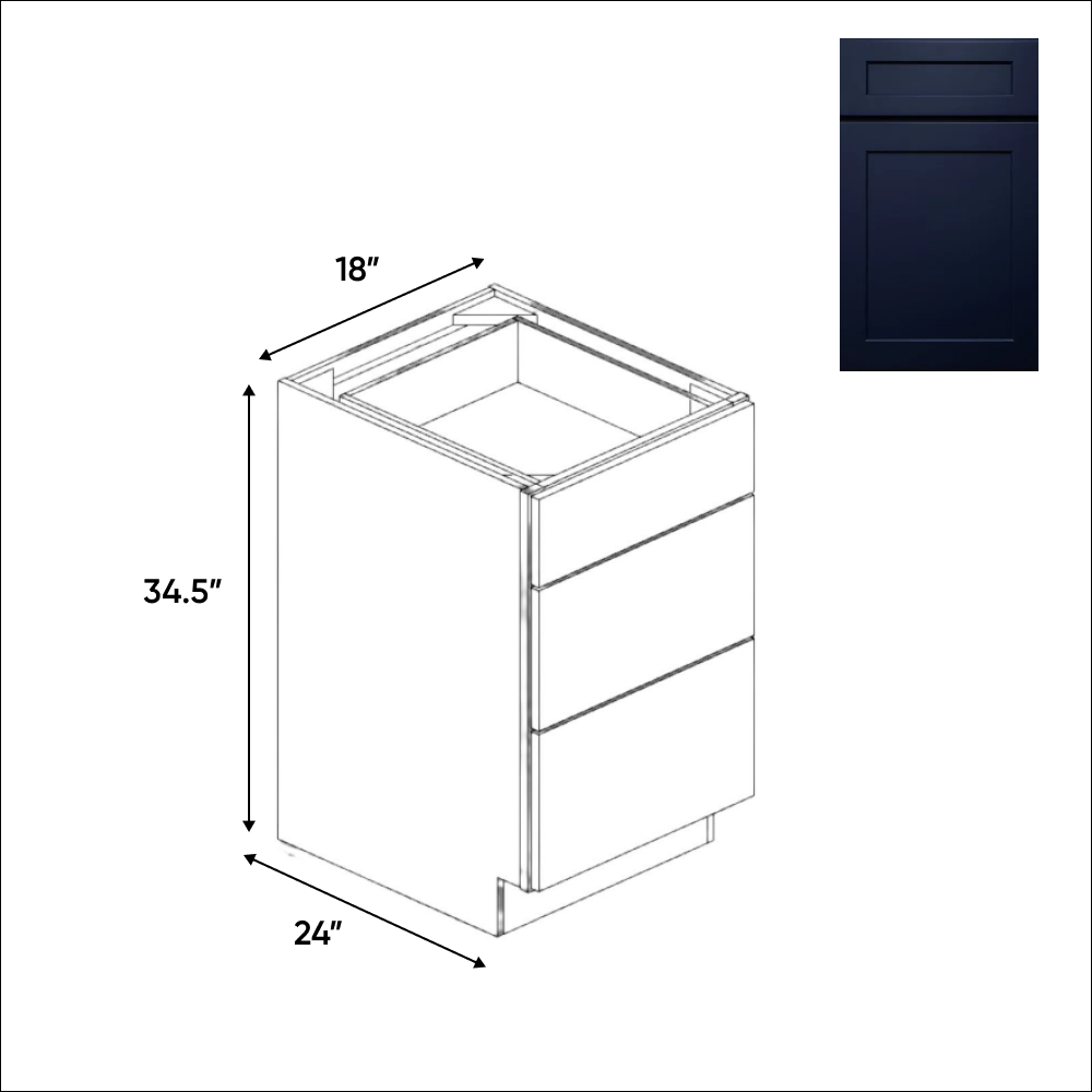 RTA - Liberty Shaker Blue - Three Drawer Base Cabinets - 18"W x 34.5"H x 24"D - LSB-3DB18