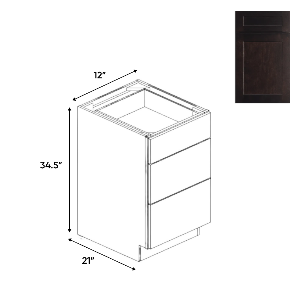 Liberty Shaker Espresso - Vanity Drawer Base Cabinets - 12"W x 34.5"H x 21"D - Pre Assembled