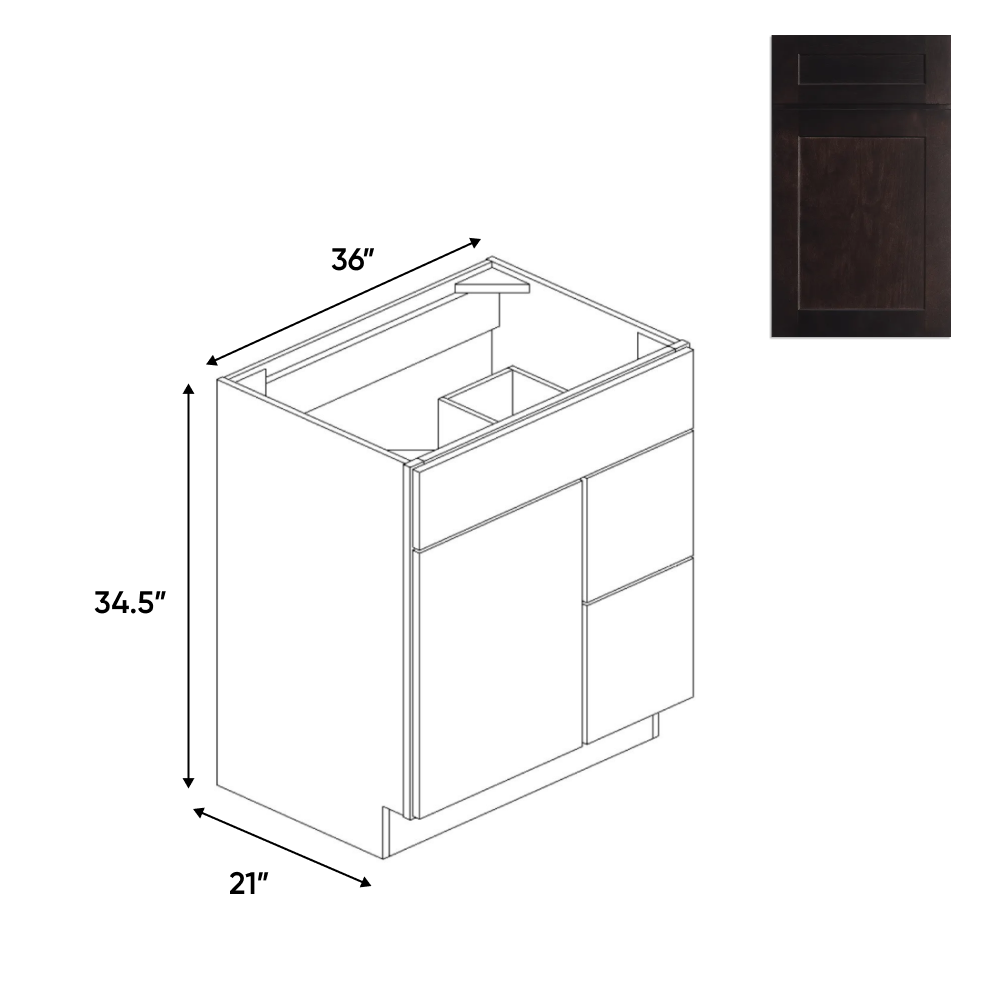 Liberty Shaker Espresso - Vanity Sink Drawer Base Cabinets - 36"W x 34.5"H x 21"D - LSE-VSD36R - Pre Assembled