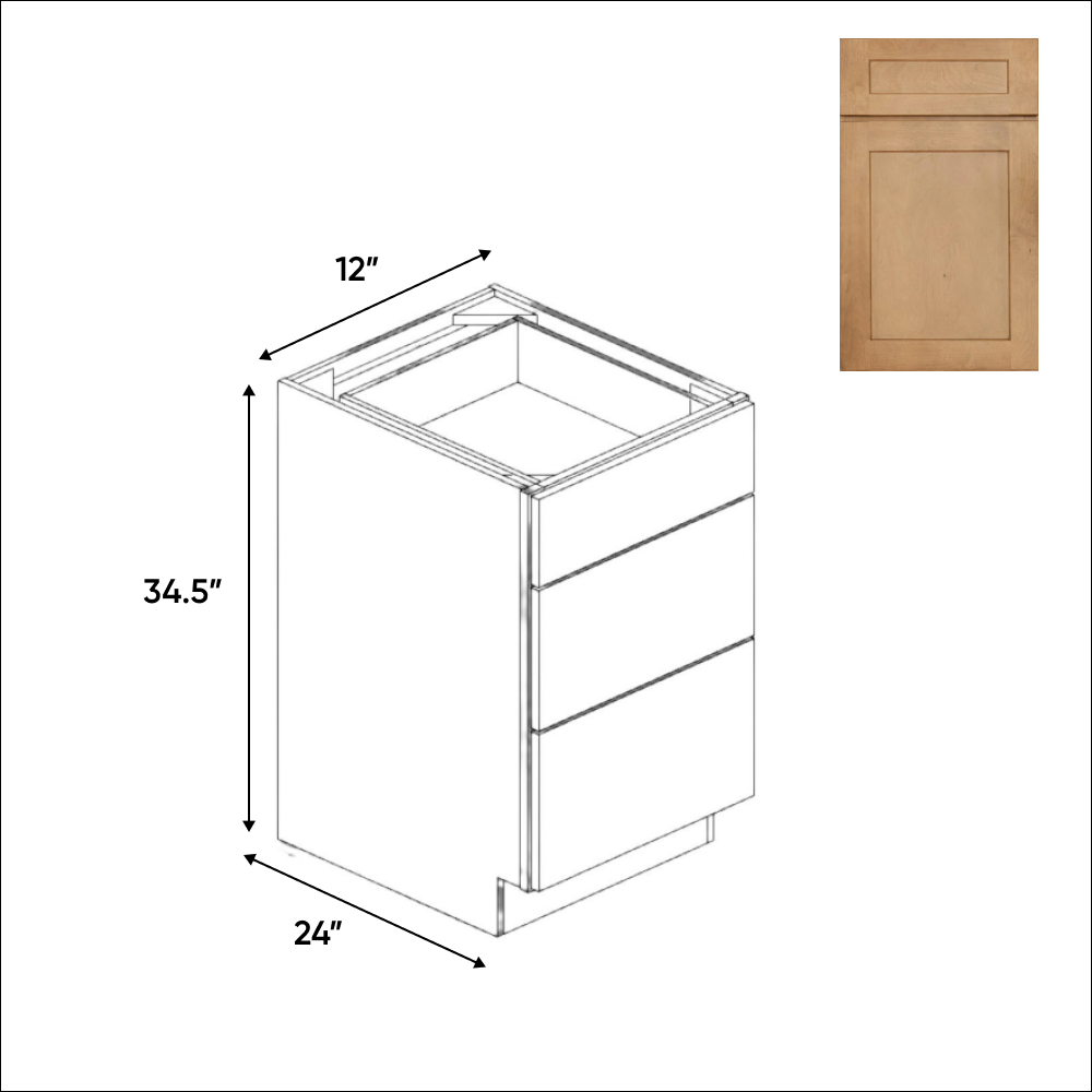 RTA - Liberty Shaker Karamel - Three Drawer Base Cabinets - 12"W x 34.5"H x 24"D