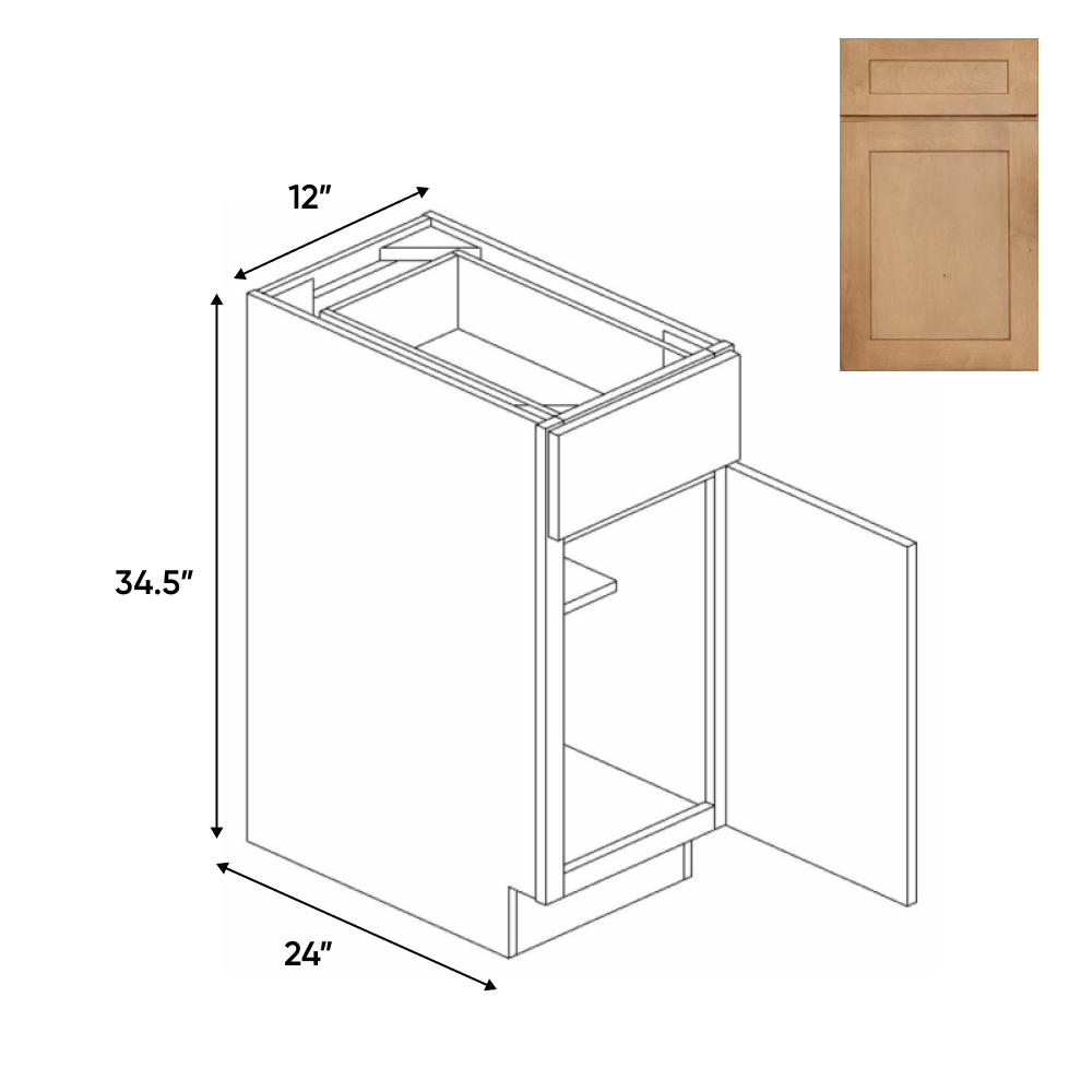 RTA - Liberty Shaker Karamel - Full Height Single Door Base Cabinets - 12"W x 34.5"H x 24"D