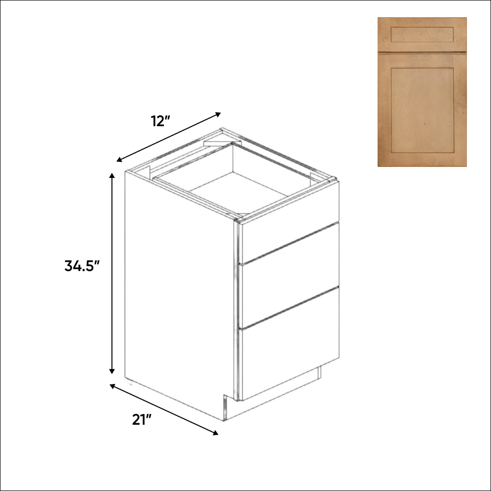 RTA - Liberty Shaker Karamel - Vanity Drawer Base Cabinets - 12"W x 34.5"H x 21"D
