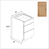 RTA - Liberty Shaker Karamel - Vanity Drawer Base Cabinets - 12"W x 34.5"H x 21"D