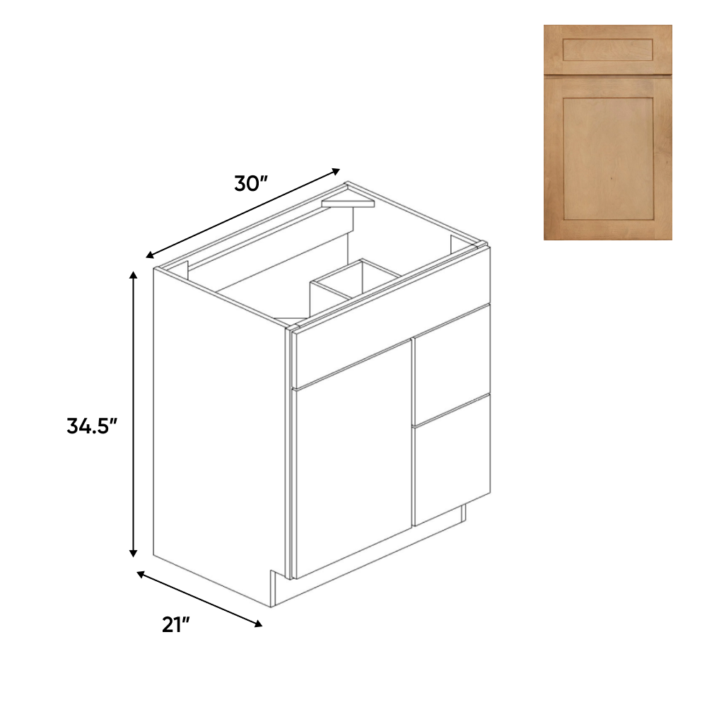 Liberty Shaker Karamel - Vanity Sink Drawer Base Cabinets - 30"W x 34.5"H x 21"D - LSK-VSD30R - Pre Assembled