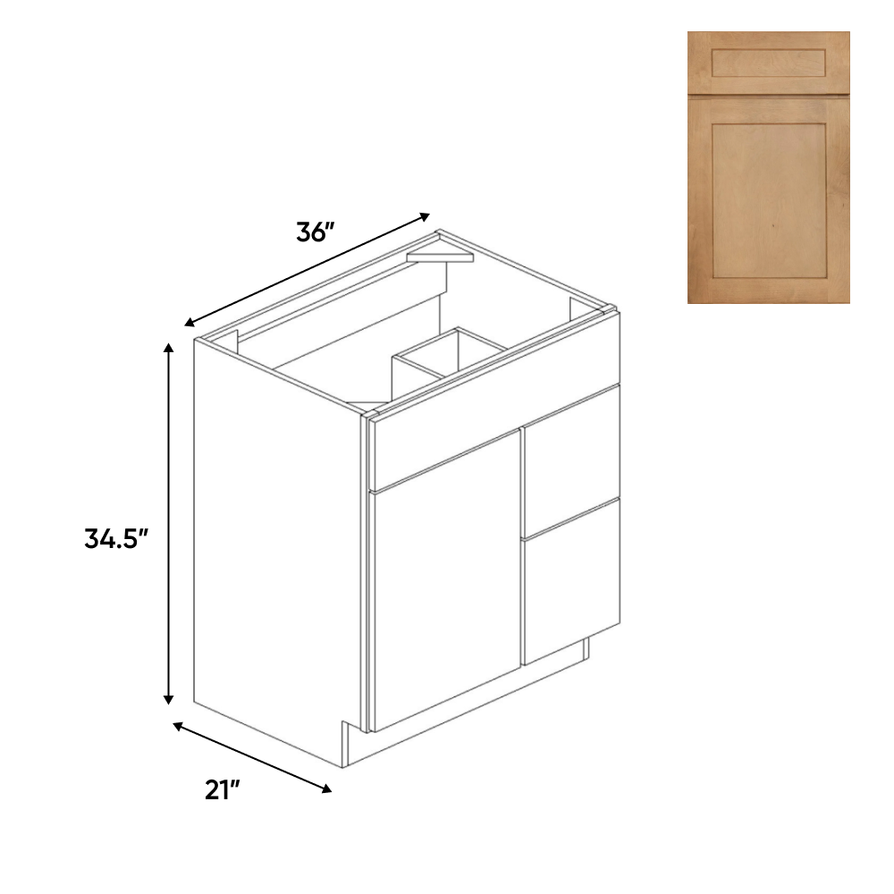 RTA - Liberty Shaker Karamel - Vanity Sink Drawer Base Cabinets - 36"W x 34.5"H x 21"D - LSK-VSDC36L