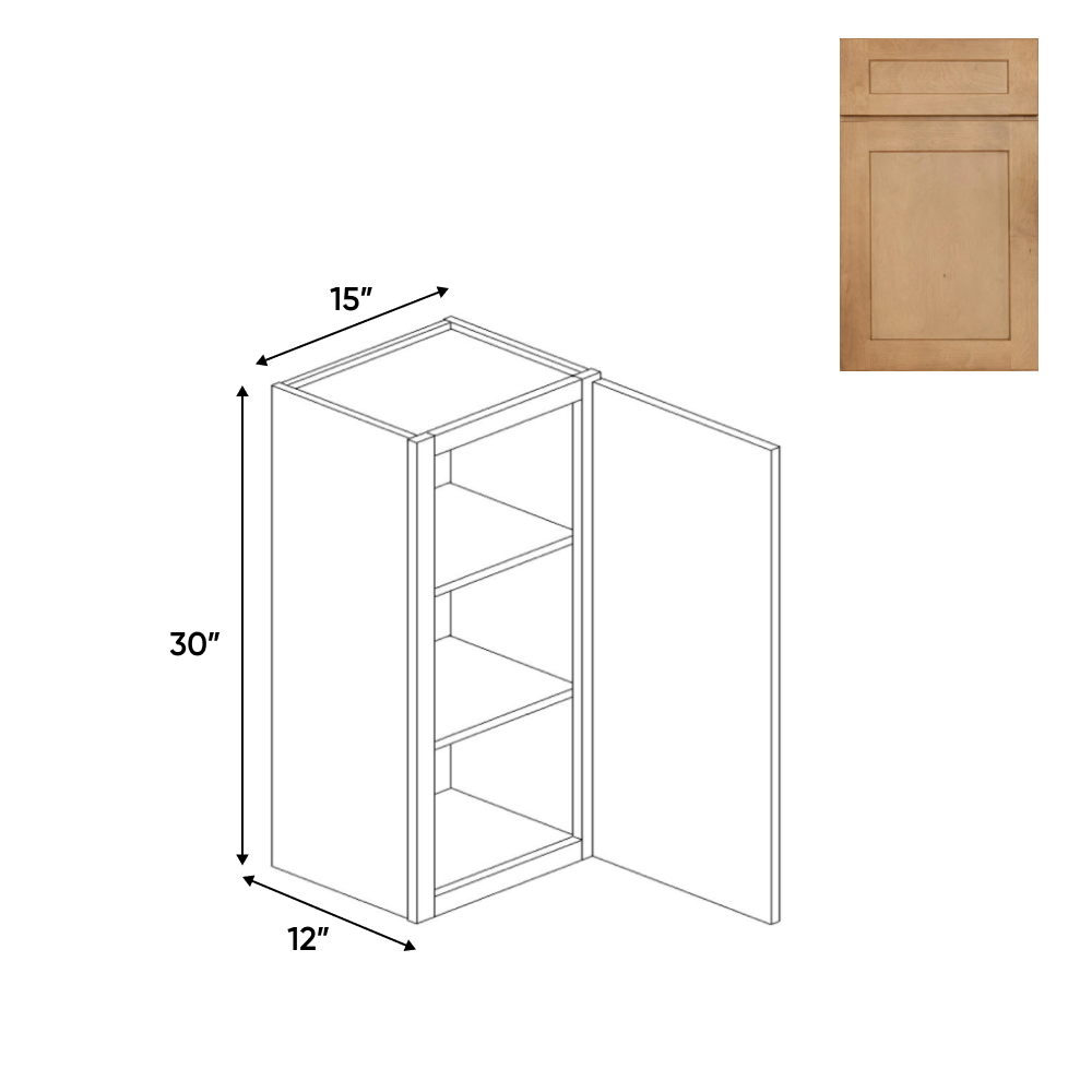 RTA - Liberty Shaker Karamel - 30"Height Single Door Wall Cabinets - 15"W x 30"H x 12"D