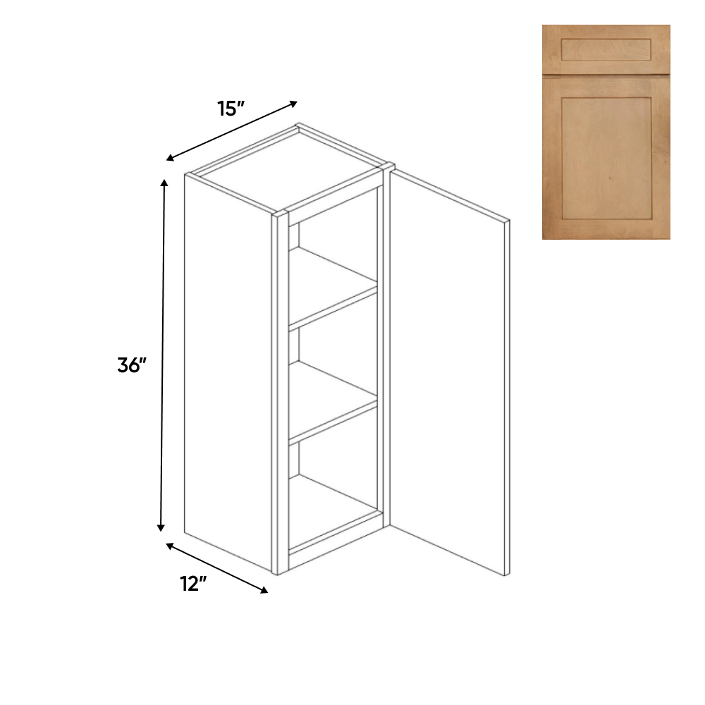 RTA - Liberty Shaker Karamel - 36"Height Single Door Wall Cabinets - 15"W x 36"H x 12"D