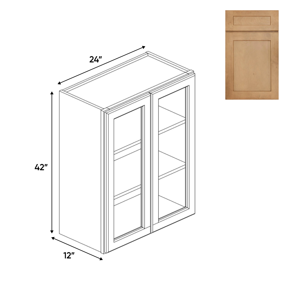 RTA - Liberty Shaker Karamel - Double Glass Door Wall Cabinets - 24"W x 42"H x 12"D
