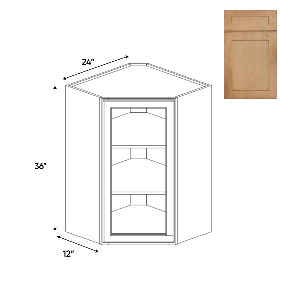RTA - Liberty Shaker Karamel - Diagonal Corner Glass Door Wall Cabinets - 24"W x 36"H x 12"D