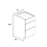 Atlas Blanco - 12 Inch Three Drawer Base Cabinet - 12" Width x 34.5" Height x 24" Depth