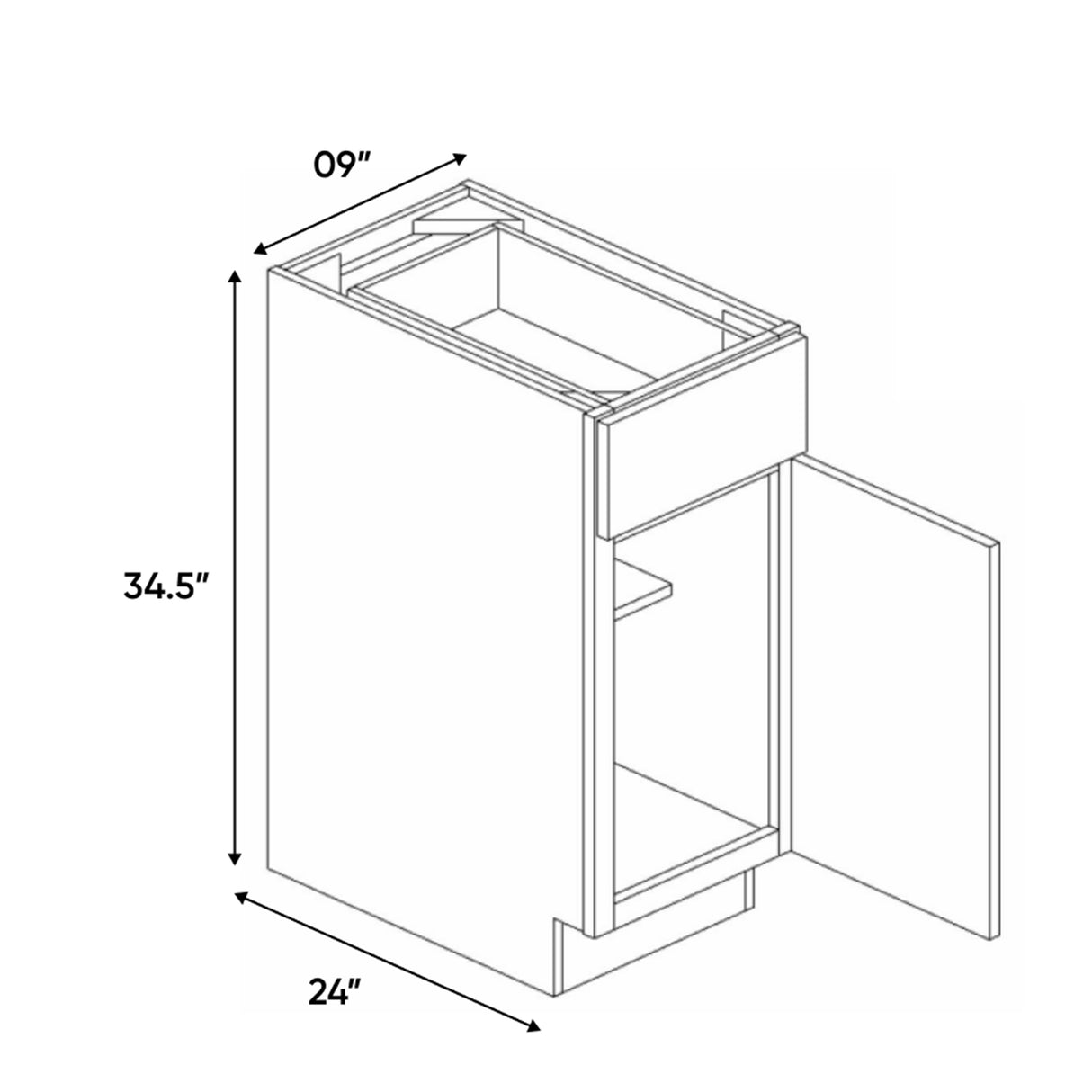 Liberty Shaker Rift - 9 Inch Full Height Single Door Base Cabinet - 09" Width x 34.5" Height x 24" Depth