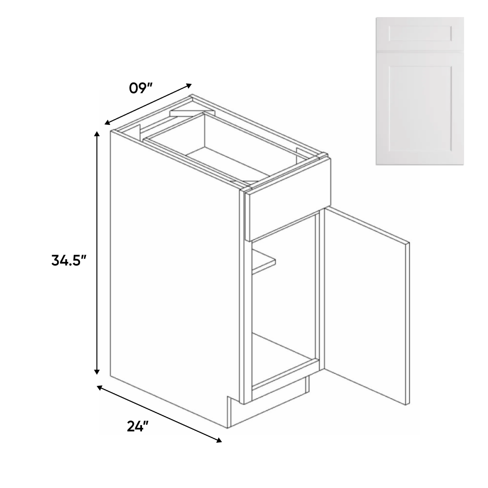 Liberty Shaker White -  Full Height Single Door Base Cabinet (Specify Door Hinges on Left or Right Side)  9"W x 34.5"H x 24"D - PRE Assembled