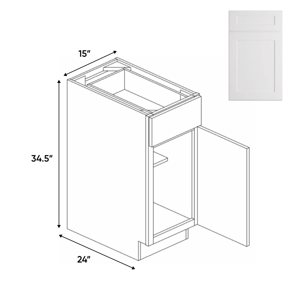 White Shaker - Single Door Cabinets - 15 in W x 34.5 in H x 24 in D