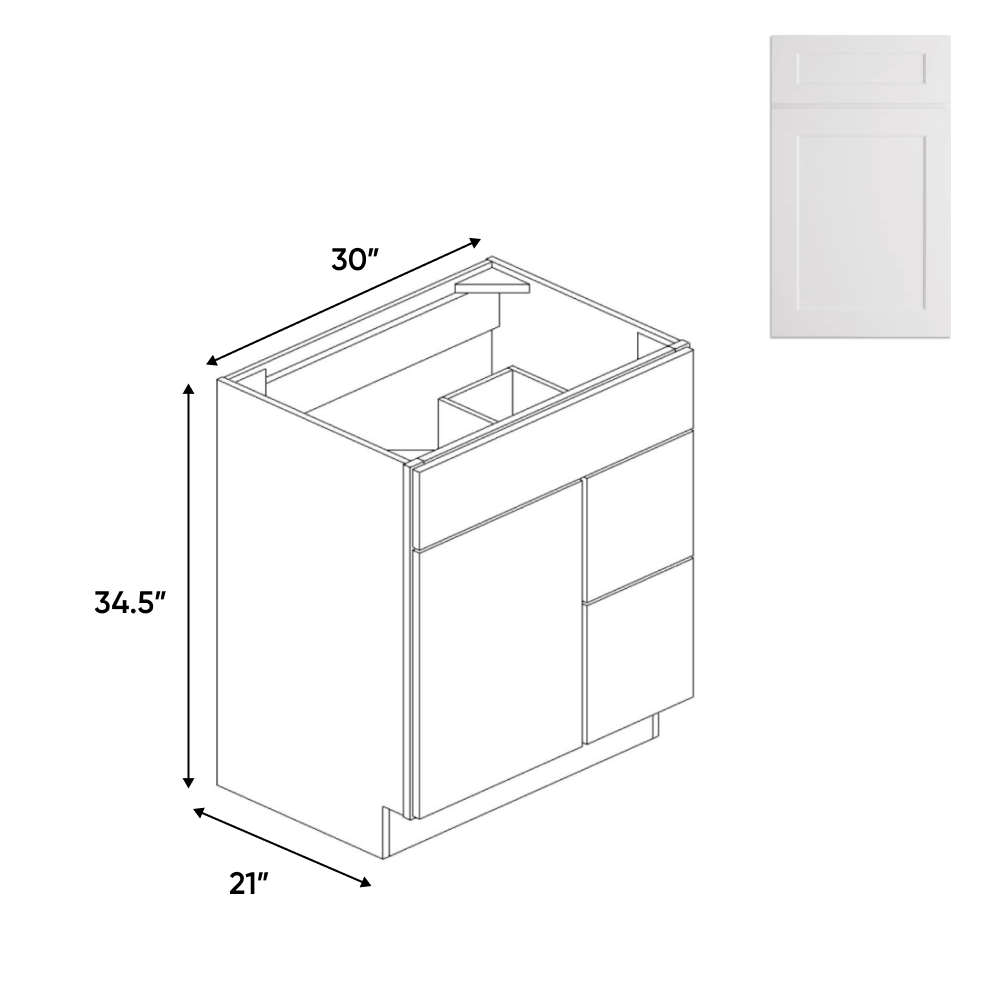 Shaker White - Vanity Sink Drawer Base Cabinets - LSW-VSD30L