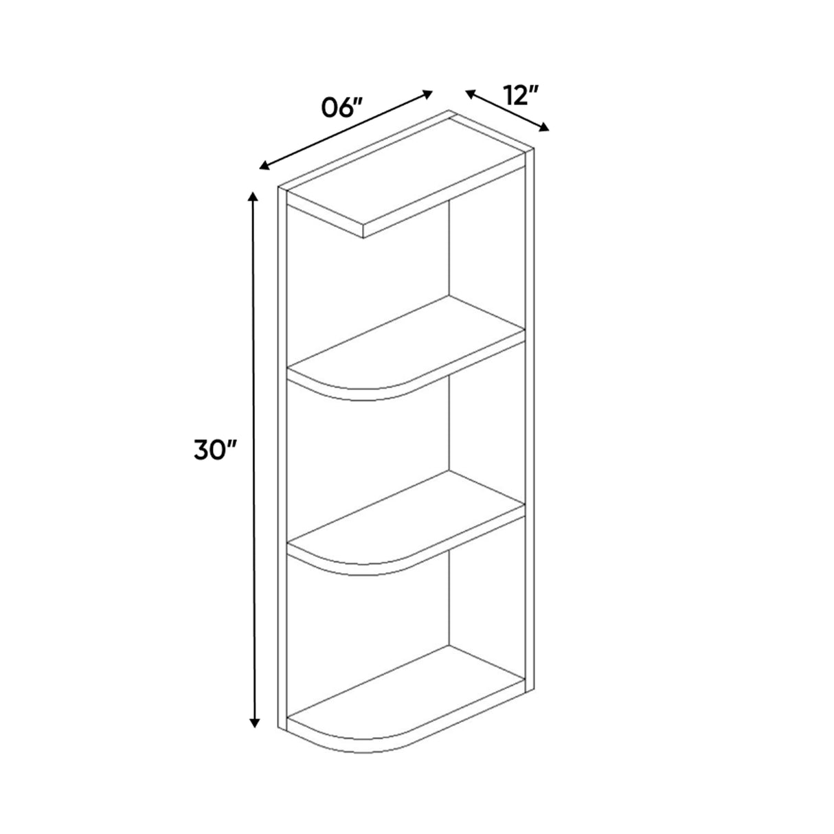 Liberty Shaker White - 30 Inch Wall Open Shelf Wall Cabinet - 06" Width x 30" Height x 12" Depth
