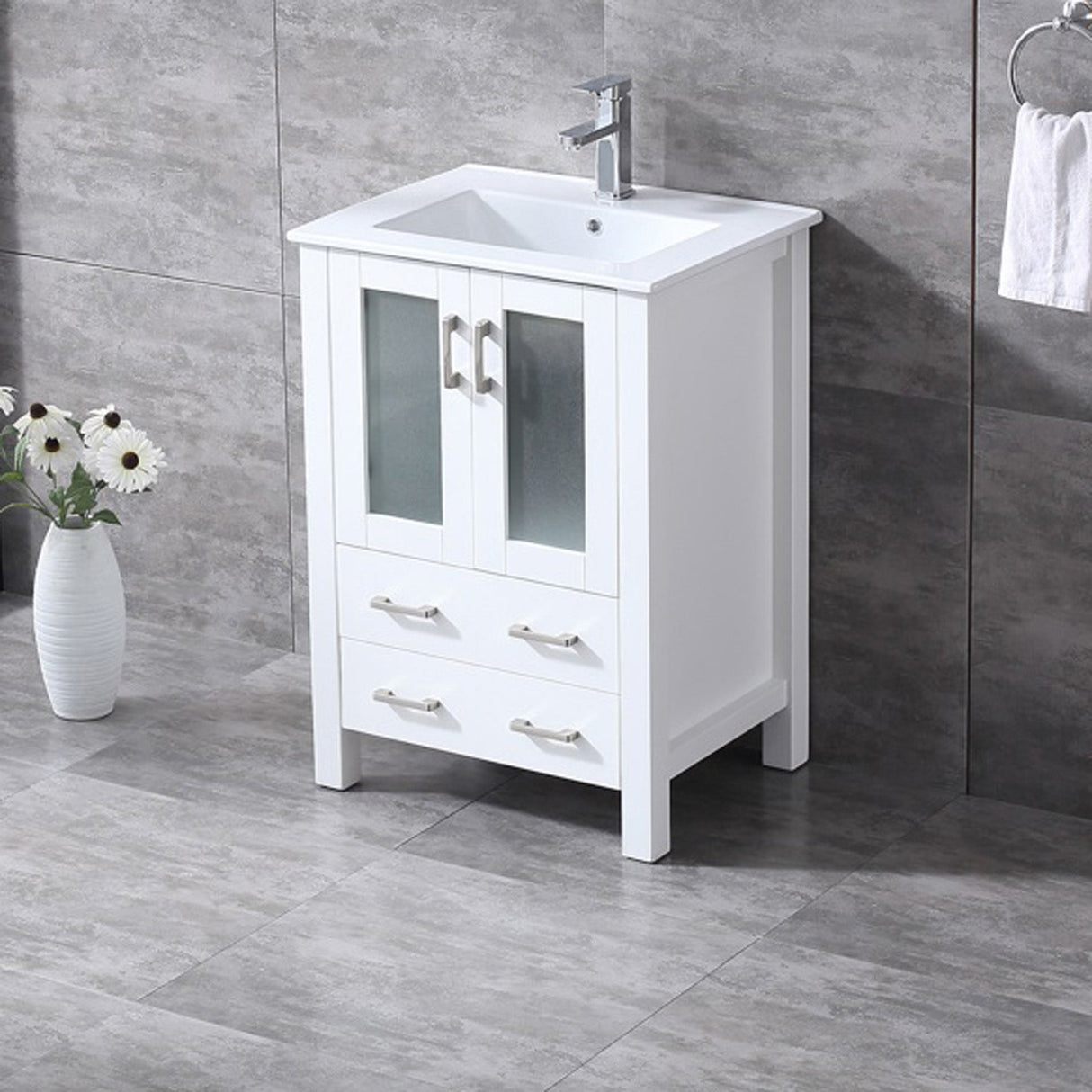 Volez White Freestanding Bathroom Vanity with Integrated Top, White integrated Square Sink